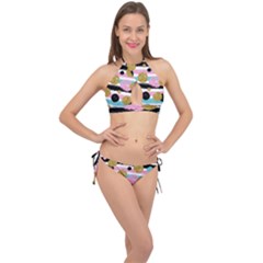 Stripes Pattern Cross Front Halter Bikini Set by designsbymallika