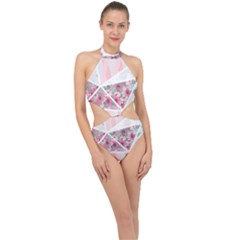 Pink Patchwork Halter Side Cut Swimsuit by designsbymallika