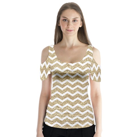 Gold Glitter Chevron Butterfly Sleeve Cutout Tee  by mccallacoulture