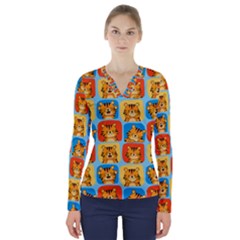 Cute Tiger Pattern V-neck Long Sleeve Top by designsbymallika