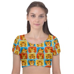 Cute Tiger Pattern Velvet Short Sleeve Crop Top  by designsbymallika