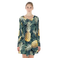 Pattern Ananas Tropical Long Sleeve Velvet V-neck Dress by kcreatif