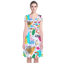 Doodle Pattern Short Sleeve Front Wrap Dress by designsbymallika
