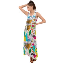 Doodle Pattern V-neck Chiffon Maxi Dress by designsbymallika