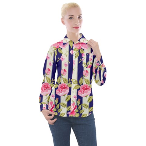 Stripes Floral Print Women s Long Sleeve Pocket Shirt by designsbymallika