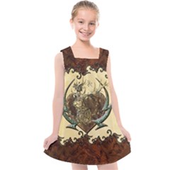 Wonderful Deer With Leaves And Hearts Kids  Cross Back Dress by FantasyWorld7