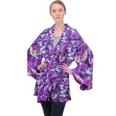 Botanical Violet Print Pattern 2 Long Sleeve Velvet Kimono  by dflcprintsclothing