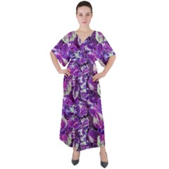 Botanical Violet Print Pattern 2 V-neck Boho Style Maxi Dress by dflcprintsclothing