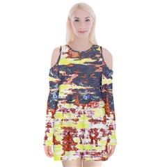 Multicolored Abstract Grunge Texture Print Velvet Long Sleeve Shoulder Cutout Dress by dflcprintsclothing