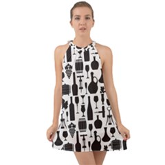 Wine Pattern Black White Halter Tie Back Chiffon Dress by Vaneshart