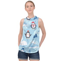 Christmas Seamless Pattern With Penguin High Neck Satin Top