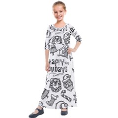 Christmas Seamless Pattern Doodle Style Kids  Quarter Sleeve Maxi Dress by Vaneshart