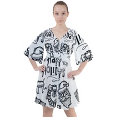 Christmas Seamless Pattern Doodle Style Boho Button Up Dress by Vaneshart