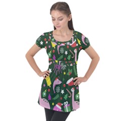 Colorful Funny Christmas Pattern Puff Sleeve Tunic Top