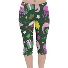 Colorful Funny Christmas Pattern Velvet Capri Leggings  by Vaneshart