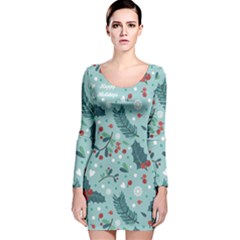 Seamless Pattern With Berries Leaves Long Sleeve Velvet Bodycon Dress