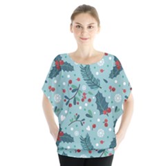 Seamless Pattern With Berries Leaves Batwing Chiffon Blouse