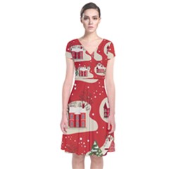 Christmas New Year Seamless Pattern Short Sleeve Front Wrap Dress