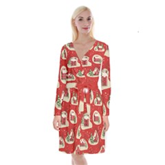 Christmas New Year Seamless Pattern Long Sleeve Velvet Front Wrap Dress by Vaneshart