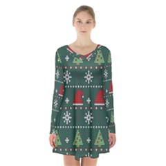 Beautiful Knitted Christmas Pattern Long Sleeve Velvet V-neck Dress