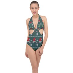 Beautiful Knitted Christmas Pattern Halter Front Plunge Swimsuit by Vaneshart