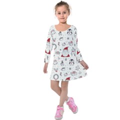 Cute Christmas Doodles Seamless Pattern Kids  Long Sleeve Velvet Dress