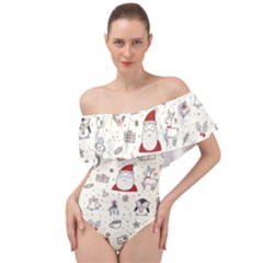 Cute Christmas Doodles Seamless Pattern Off Shoulder Velour Bodysuit 