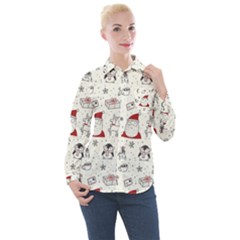 Cute Christmas Doodles Seamless Pattern Women s Long Sleeve Pocket Shirt