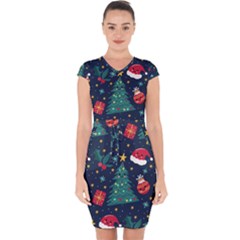 Colorful Funny Christmas Pattern Capsleeve Drawstring Dress 