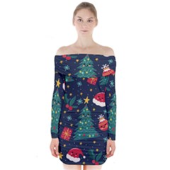 Colorful Funny Christmas Pattern Long Sleeve Off Shoulder Dress