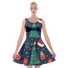 Colorful Funny Christmas Pattern Velvet Skater Dress