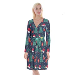 Colorful Funny Christmas Pattern Long Sleeve Velvet Front Wrap Dress