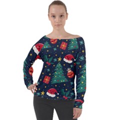 Colorful Funny Christmas Pattern Off Shoulder Long Sleeve Velour Top