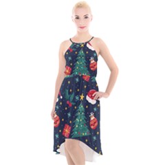 Colorful Funny Christmas Pattern High-Low Halter Chiffon Dress 