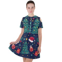 Colorful Funny Christmas Pattern Short Sleeve Shoulder Cut Out Dress 