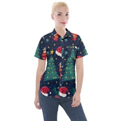 Colorful Funny Christmas Pattern Women s Short Sleeve Pocket Shirt