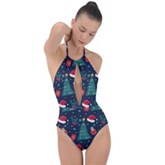 Colorful Funny Christmas Pattern Plunge Cut Halter Swimsuit