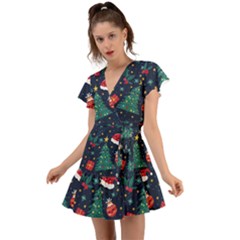 Colorful Funny Christmas Pattern Flutter Sleeve Wrap Dress