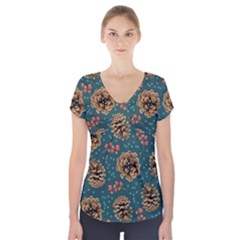 Christmas Seamless Pattern Short Sleeve Front Detail Top