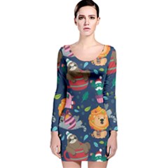 Funny Animal Christmas Pattern Long Sleeve Velvet Bodycon Dress