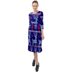 Knitted Christmas Pattern Ruffle End Midi Chiffon Dress by Vaneshart