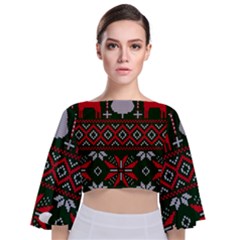 Christmas Pattern Knitted Design Tie Back Butterfly Sleeve Chiffon Top by Vaneshart