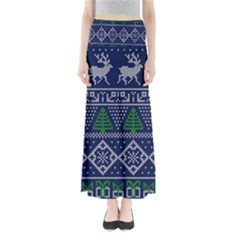 Beautiful Knitted Christmas Pattern Blur Green Full Length Maxi Skirt