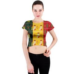 Knitted Christmas Pattern With Socks Bells Crew Neck Crop Top