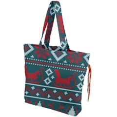 Beautiful Knitted Christmas Pattern Drawstring Tote Bag by Vaneshart