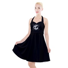 Black Background Large Halter Party Swing Dress  by nationalseashoreclothing