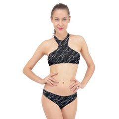 Black And White Ethnic Geometric Pattern High Neck Bikini Set by dflcprintsclothing