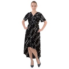 Black And White Ethnic Geometric Pattern Front Wrap High Low Dress by dflcprintsclothing