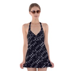 Black And White Ethnic Geometric Pattern Halter Dress Swimsuit  by dflcprintsclothing