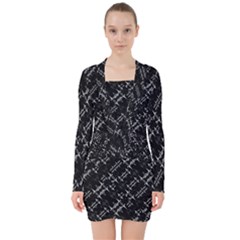 Black And White Ethnic Geometric Pattern V-neck Bodycon Long Sleeve Dress by dflcprintsclothing